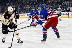 hokej, NHL 2019/2020, New York Rangers - Boston, David Pastrňák, Brady Skjel