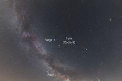 Fotografie s názvem Meteory Lyridy ze souhvězdí Lyry je dílem českého astronoma Petra Horálka