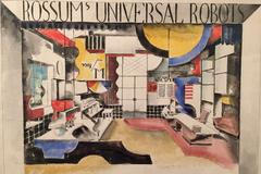 Scénický návrh, který malíř a architekt Bedřich Feuerstein v roce 1921 připravil pro třetí dějství Čapkovy hry R.U.R.