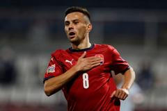 Jakub Pešek slaví gól v zápase Ligy národů Česko - Skotsko