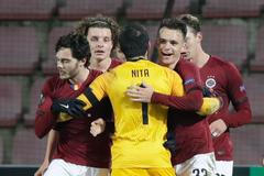 Sparťané slaví gól v zápase Evropské ligy Sparta - Celtic Glasgow