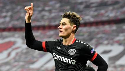 fotbal, Evropská liga 2020/2021, Bayer Leverkusen v Hapoel Beer Ševa, Patrick Schick slaví gól
