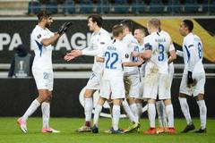 Fotbalisté Liberce slaví gól v zápase Evropské ligy Gent - Liberec