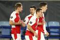 Slávisté slaví gól v odvetě 2. kola Evropské ligy Leicester - Slavia