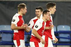 Slávisté slaví gól v odvetě 2. kola Evropské ligy Leicester - Slavia