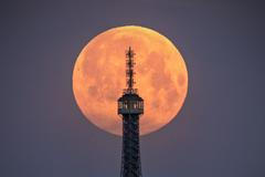 Radoslav Vnenčák: růžový úplněk v Praze, pohled na Petřínskou rozhlednu