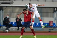 Adam Hložek a Roman Běgunov v zápase skupiny E kvalifikace MS Česko - Bělorusko