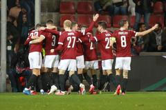 fotbal, Evropská liga 2021/2022, Sparta Praha - Olympique Lyon, radost Sparty