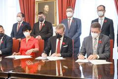 Spolu, Piráti, STAN, PirStan, KDU-ČSL, ODS, TOP 09, koalice, koaliční smlouva, podpis, dohoda, vláda, Petr Fiala, Vít Rakušan, Markéta Pekarová Adamová, Marian Jurečka, Ivan Bartoš