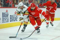 hokej, NHL 2021/2022, Vegas Golden Knights at Detroit Red Wings, William Carrier (28), Filip Hronek