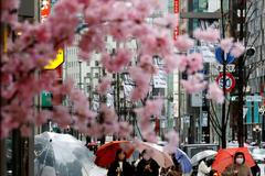 FILE PHOTO: Pedestrians wearing protective face masks walk at a shopping district in Tokyo