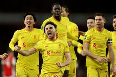 fotbal, anglický Ligový pohár 2021/2022, odveta semifinále, Carabao Cup, Arsenal - Liverpool, Diogo Jota, radost, gól