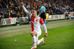 fotbal, Evropská konferenční liga 2021/2022, play off, Fenerbahce - Slavia, Ondřej Lingr, radost, gól