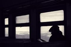 Muž, vlak, jízda, silueta