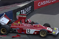 Havárie Charlese Leclerca s Ferrari 312B3 Nikiho Laudy na Monaco Historic Grand Prix.