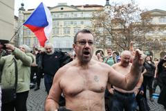 Demonstrace, protest proti povinnému očkování, Chcípl PES, koronavirus, antivax, demonstrant