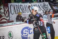 Karlovarský útočník Jiří Černoch slaví gól v hokejové extralize