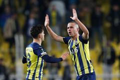 fotbal, Evropská konferenční liga 2021/2022, play off, Fenerbahce - Slavia, Dimitris Pelkas, gól, radost