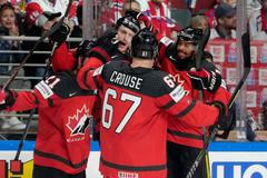 Kanaďané slaví gól v zápase Česko - Kanada na MS 2023