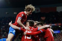 Češi slaví gól v kvalifikaci ME 2024 Česko - Polsko