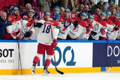 Dominik Kubalik se raduje v zápase Česko - Norsko na MS 2023