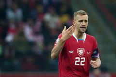 Tomáš Souček slaví gól na 1:1 v zápase kvalifikace ME 2024 Polsko - Česko