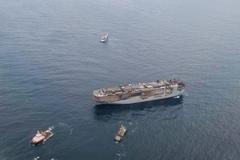 The ship Fremantle Highway is pictured in its temporary location, 16 kilometers above Schiermonnikoog and Ameland