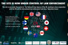 Snímek obrazovky pořízený 19. února 2024 ukazuje oznámení o zastavení šíření vydané skupinou globálních zpravodajských agentur na temnou webovou stránku s názvem Lockbit.