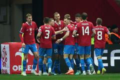 Češi slaví gól na 1:1 v zápase kvalifikace ME 2024 Polsko - Česko