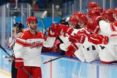 OH 2022, Peking, hokej, Česko - Dánsko, radost Dánska po druhém gólu