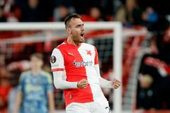 Tomáš CHorý slaví gól v zápase EL Slavia - Ajax