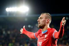 Tomáš Chorý slaví gól v zápase Ligy národů Česko - Albánie
