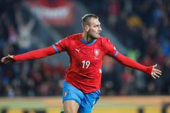 Tomáš Chorý slaví gól v zápase Ligy národů Česko - Albánie