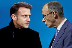 koláž - Macron, Merz