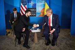 U.S. President Trump and Ukraine's President Zelenskiy attend a meeting on the sidelines of NATO summit in The Hague