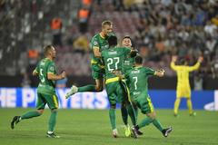 4. předkolo Ligy mistrů 2019/20, Kluž - Slavia: Radost slávistů po gólu na 0:1.