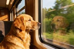 zlatý retrívr, vlak, cesta, pes