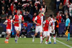 Radost fotbalistů Slavie v zápase proti Bodö/Glimt v Lize mistrů