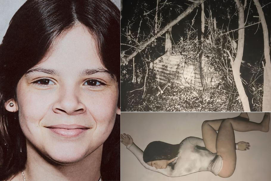 Portrét K. Leach (12), místo a rekonstrukce nálezu těla. Unesena 9. 2. 1978 z Lake City, ostatky nalezeny 7. 4. 1978 u Suwannee River Park.. Částečně kolorováno, koláž