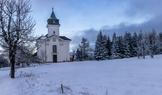 Kostel Nanebevzetí Panny Marie, sníh, mráz, zima