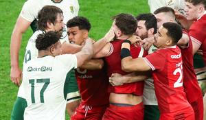 Jihoafričan Eben Etzebeth (v bílém za hráčem s číslem 17) tlačí palec do oka Alexe Manna z Walesu.