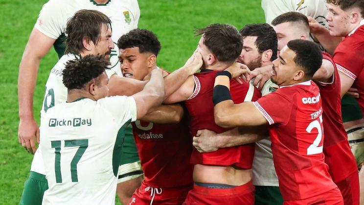 Jihoafričan Eben Etzebeth (v bílém za hráčem s číslem 17) tlačí palec do oka Alexe Manna z Walesu.