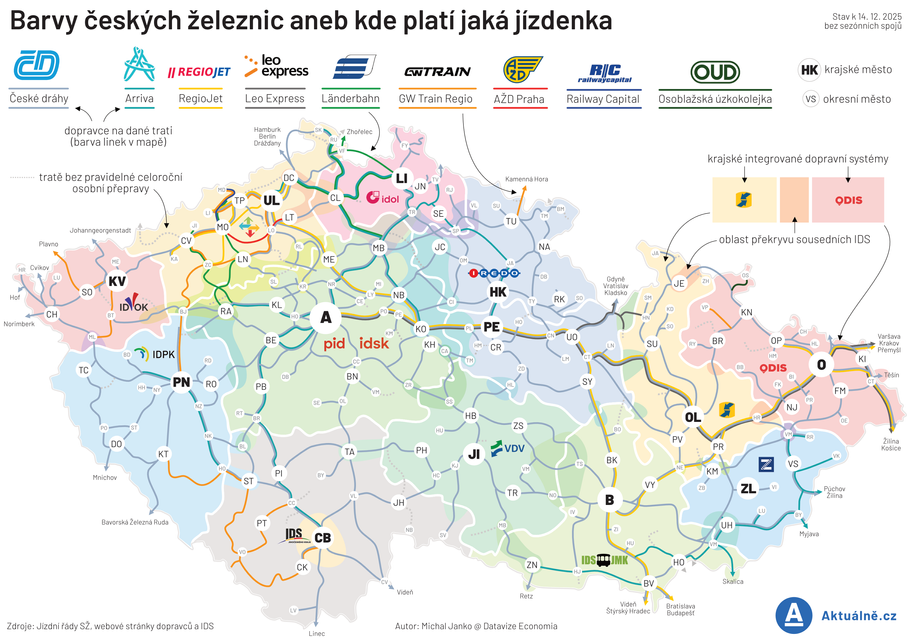 Mapa železničních dopravců a IDS
