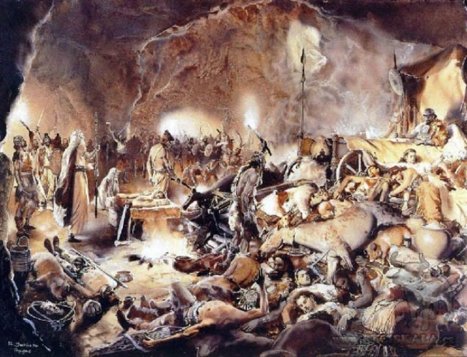 Ilustrační malba Zdeňka Buriana znázorňující romantickou interpretaci rituálního pohřbu halštatského náčelníka v jeskyni Býčí skála. 