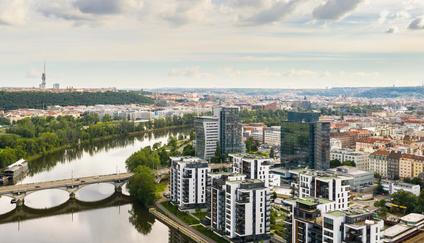 Beautiful,Panoramic,Aerial,View,Of,Prague,Marina,,Harbour,Holesovice,,Liben