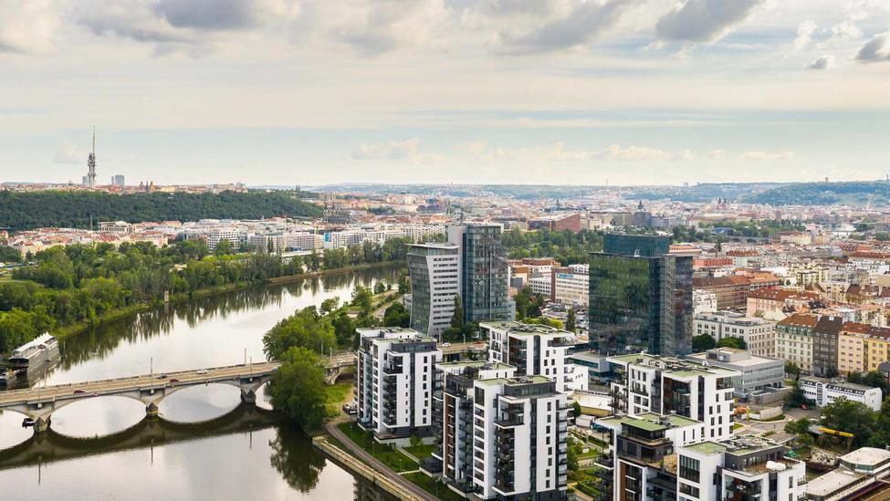 Beautiful,Panoramic,Aerial,View,Of,Prague,Marina,,Harbour,Holesovice,,Liben