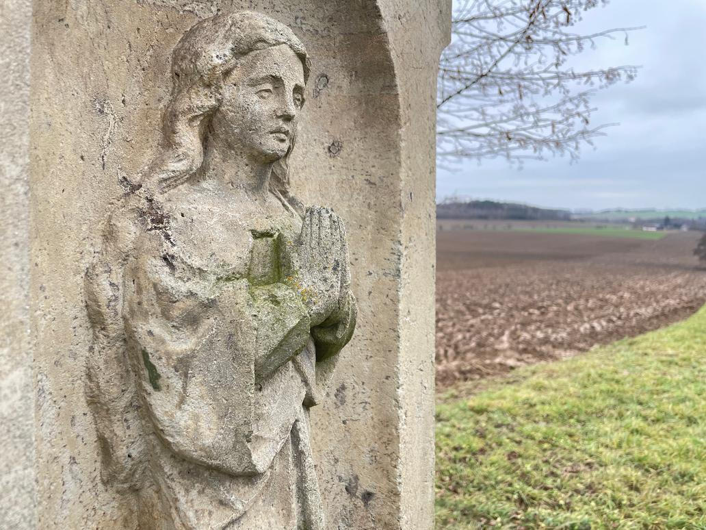 Boží muka a za nimi pole, kde před 35 lety Tupolev nouzově přistál.
