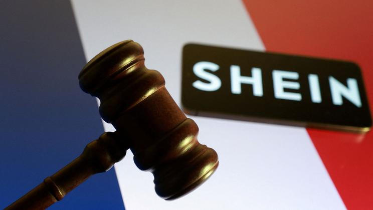Illustration shows Shein logo, court gavel and France flag