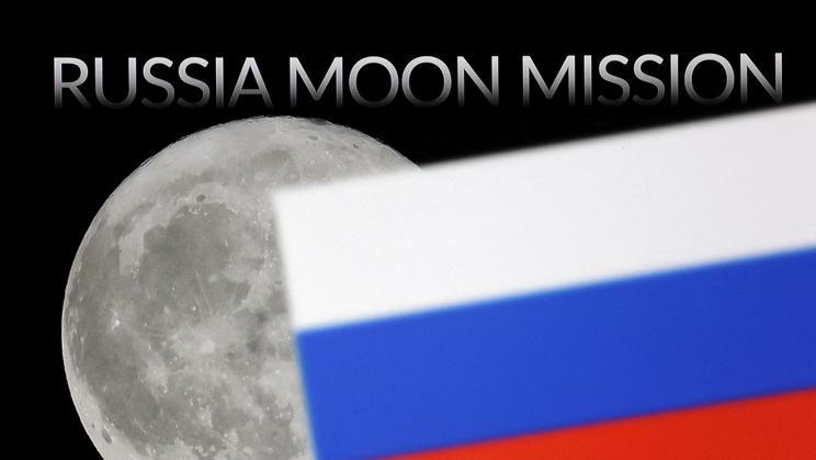 FILE PHOTO: Illustration shows words 'Russian Moon Mission', Moon and a Russian flag