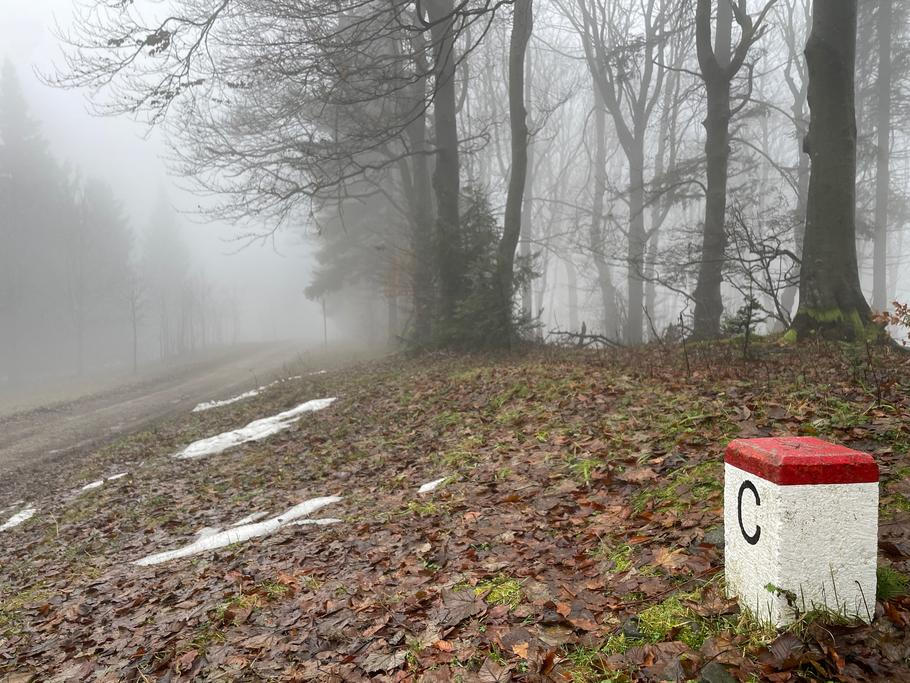 Portáš stojí přímo na hranicích v Javorníkách. Ani tady nebyl na začátku prosince žádný sníh.